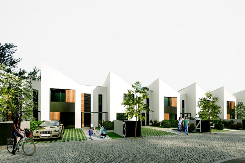 Widok na osiedle nowoczesnych domów szeregowych - grafika renderowana